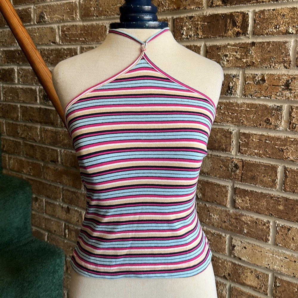 VTG 90s Y2K Striped Cropped Halter Top NWT